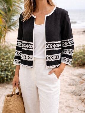 Boho Linen Embroidered Jacket Petite Medium PM Cropped Black White Zip Front